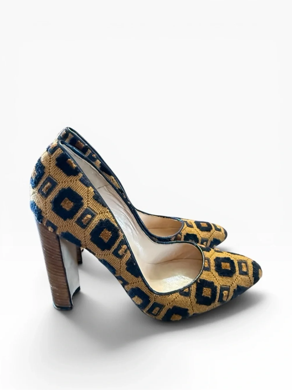 Manolo Blahnik Woven Geometric Block Heel Pumps Mustard & Black EU 38.5 US 8.5